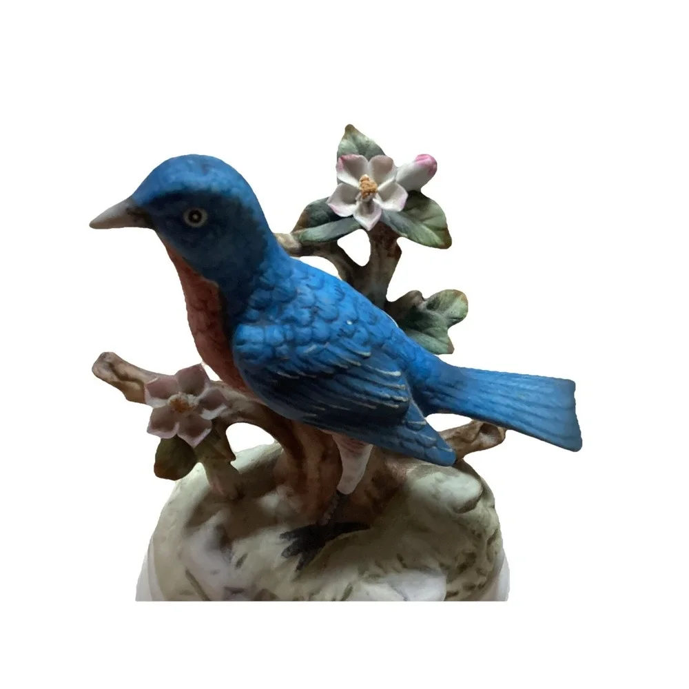Vintage Porcelain Blue Jay On Branch Bird Figurine Decorative Plays Music
